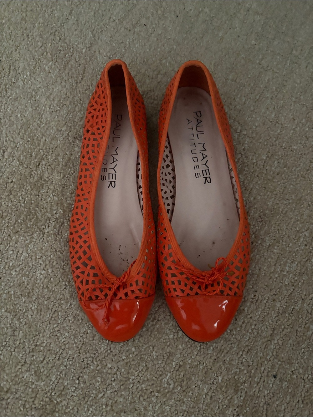 Paul Mayer Orange Laser-Cut Ballet Flats with Patent Toe Cap